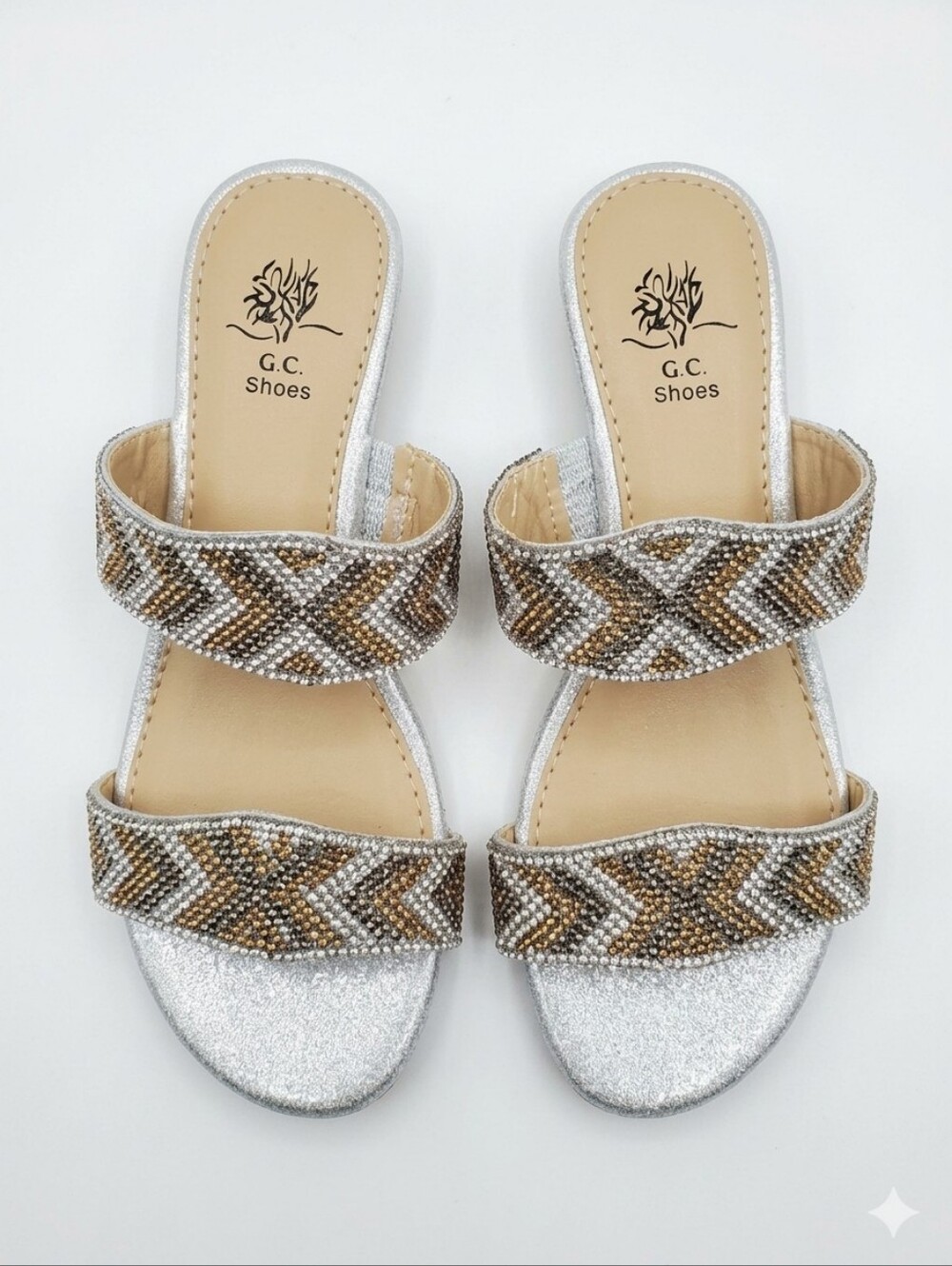 GC Shoes Metallic Caviar Stud Slide Sandals Silver Gold Size 6.5